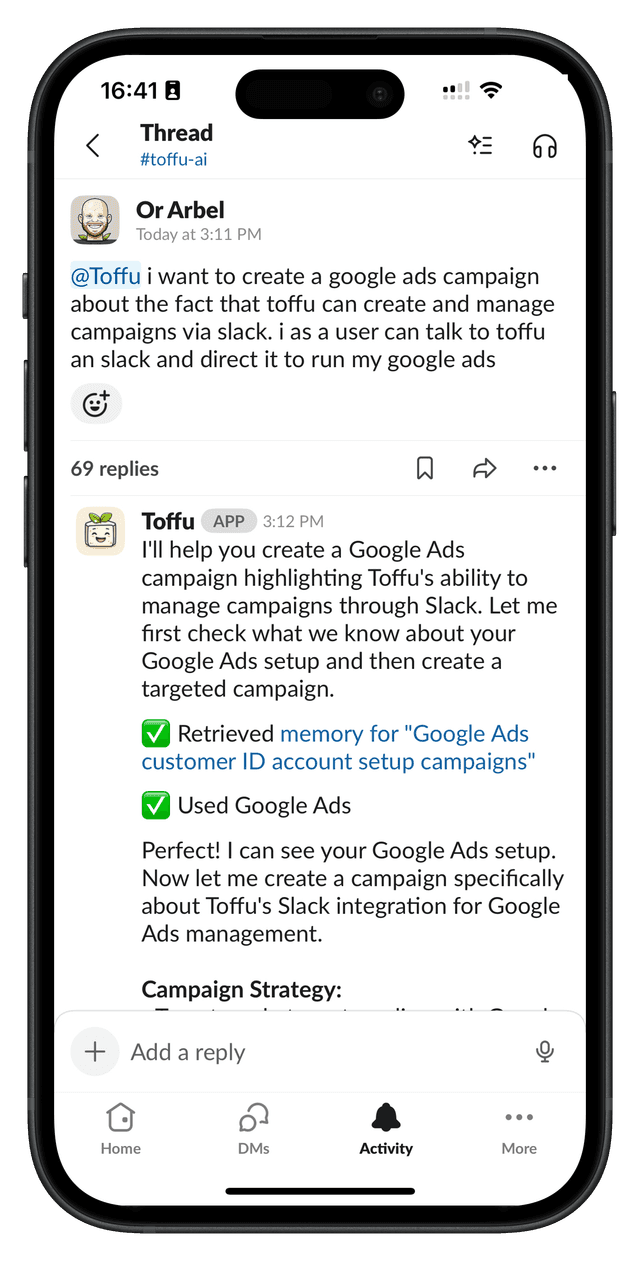 Toffu AI mobile interface for Google Ads management in Slack