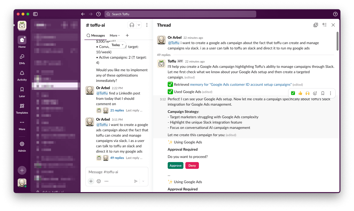 Toffu AI managing Google Ads campaigns directly in Slack