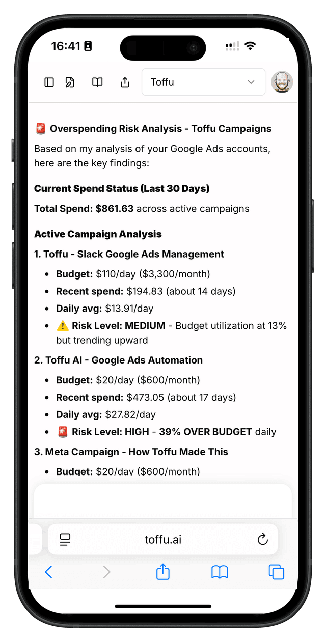 Toffu AI mobile interface for Google Ads management