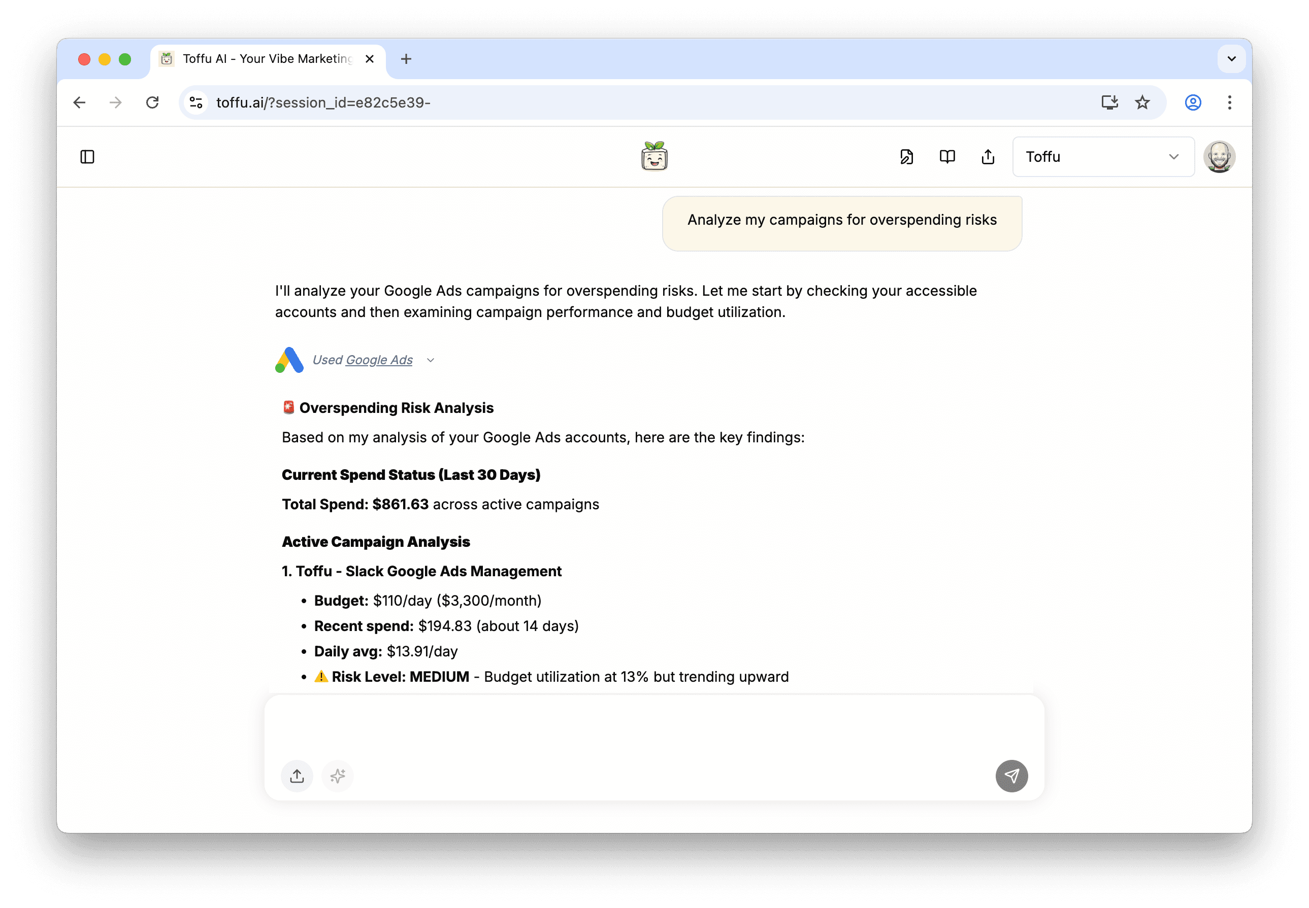 Toffu AI managing Google Ads campaigns
