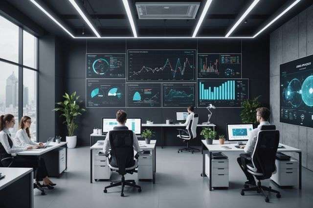 A futuristic office with AI-powered robots performing tasks like SEO management and content sharing on digital screens, surrounded by graphs showing trend analysis