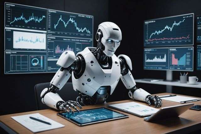 An AI robot sitting at a desk, writing on a digital tablet, surrounded by floating digital screens displaying charts and text analysis