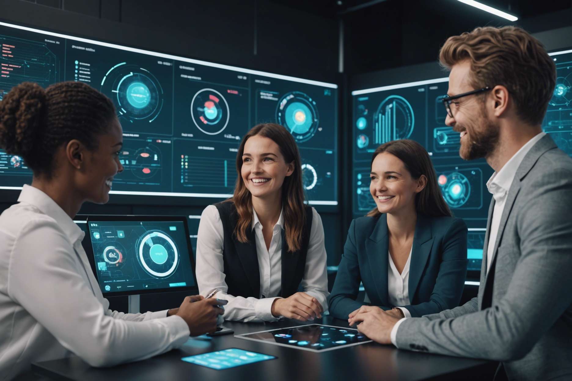 Smiling marketers analyzing data on futuristic AI screens