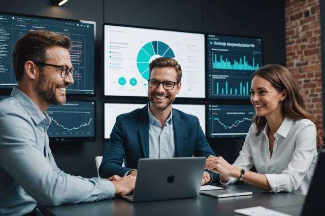 Smiling marketers analyzing AI data on screens