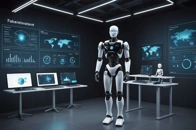 A futuristic AI lab with various screens displaying data analytics, a humanoid robot interacting with a virtual assistant, and digital graphs showing audience engagement