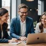 Smiling marketers discussing AI strategy on laptops