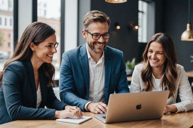 Smiling marketers discussing AI strategy on laptops