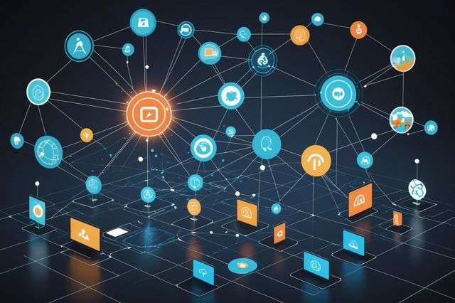 A digital landscape showing various AI tools as futuristic devices optimizing a network of marketing strategies, with beams connecting data points and enhancing user forms