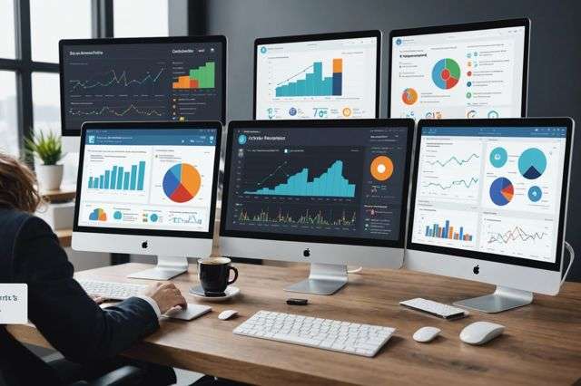 AI-powered marketing analytics tools displaying graphs on screens, surrounded by digital icons representing SEO, content personalization, and social media management