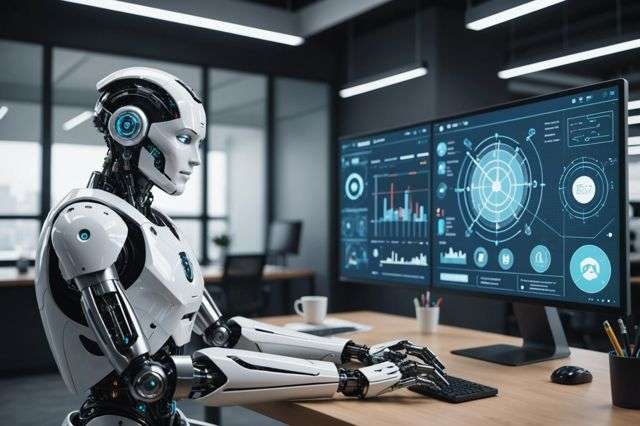 An AI humanoid robot analyzing a digital screen displaying web analytics, surrounded by icons of engagement like clocks and arrows in a futuristic office setting