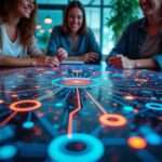 Overhead view of a vibrant digital workspace with colorful diagrams and interconnected nodes, symbolizing internal linking in software development, with smiling team members collaborating in the background.