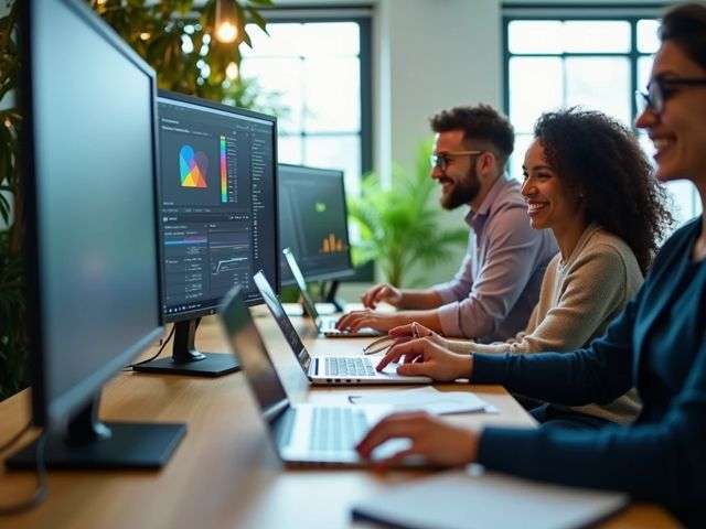 A close-up of a modern workspace with laptops, innovative software interfaces on screens, and a group of smiling professionals collaborating, surrounded by plants and bright light.