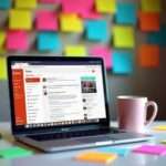 A vibrant workspace with a laptop displaying a Quora page, surrounded by colorful sticky notes and a coffee mug, all at a Dutch angle, conveying creativity and innovation