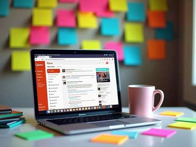 A vibrant workspace with a laptop displaying a Quora page, surrounded by colorful sticky notes and a coffee mug, all at a Dutch angle, conveying creativity and innovation