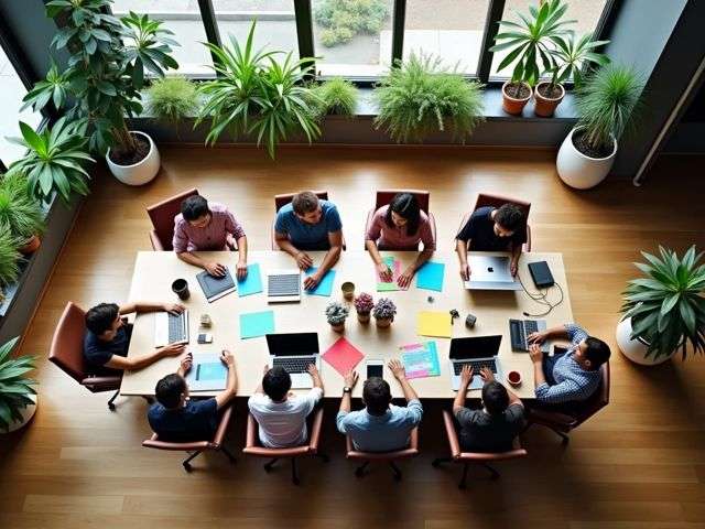 A bird's-eye view of a modern office workspace with people collaborating around a large table, colorful notepads and laptops scattered, a cheerful atmosphere, plants in the background, and natural light streaming in through large windows.