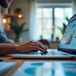 A close-up point-of-view shot of a web developer's hands typing on a laptop, surrounded by colorful charts and graphs displaying SEO metrics, with a bright and inviting workspace in the background