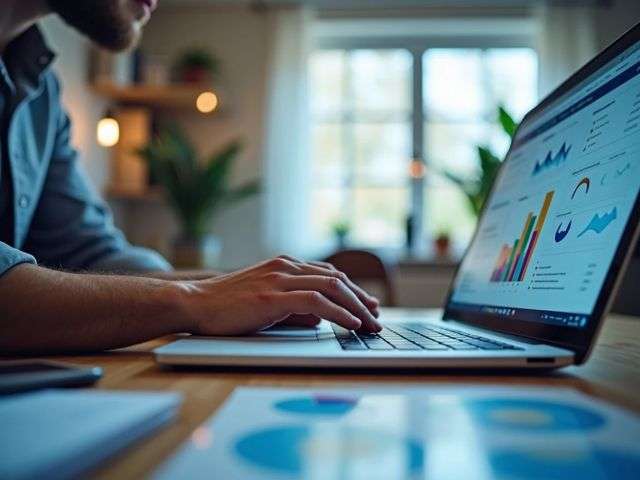 A close-up point-of-view shot of a web developer's hands typing on a laptop, surrounded by colorful charts and graphs displaying SEO metrics, with a bright and inviting workspace in the background