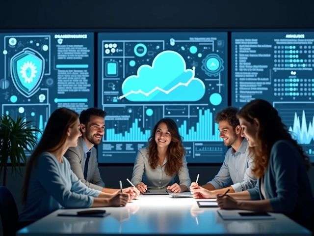 Wide-angle shot of a modern office environment with digital screens displaying data analytics, cloud symbols, and cybersecurity icons, while a diverse group of smiling professionals collaborates around a table