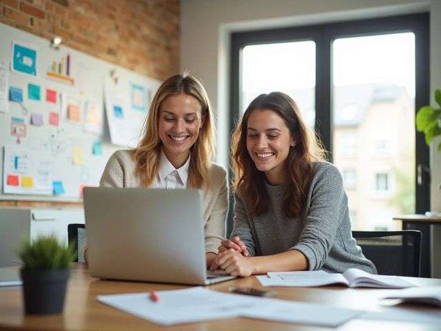 A vibrant office space with a whiteboard filled with colorful diagrams, two smiling colleagues collaborating over a laptop, bright sunlight streaming through large windows