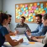 A group of smiling marketers collaborating around a table with laptops, colorful post-it notes, and a bulletin board filled with cybersecurity strategies, viewed from the rear.