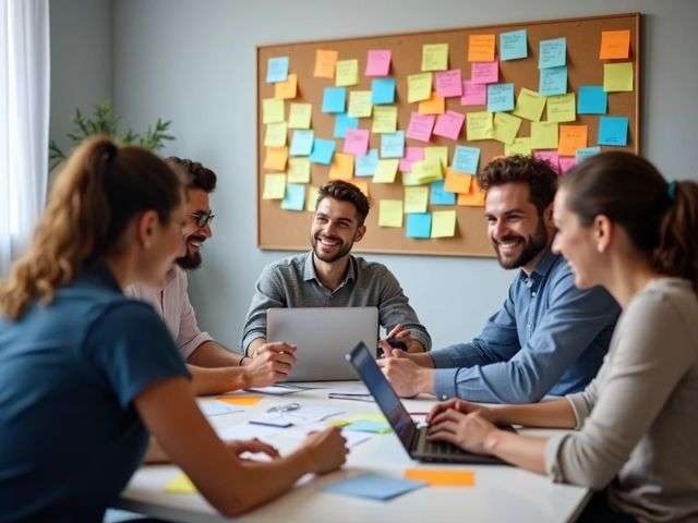 A group of smiling marketers collaborating around a table with laptops, colorful post-it notes, and a bulletin board filled with cybersecurity strategies, viewed from the rear.