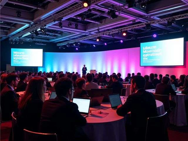 A vibrant conference hall filled with colorful banners and digital screens displaying tech innovations, attendees engaged in discussions with laptops open, side view perspective, positive atmosphere