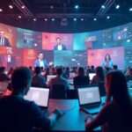 A panoramic view of a vibrant virtual event, with smiling attendees engaged in discussions over laptops, colorful digital backgrounds, and abstract cybersecurity icons subtly integrated into the scene.