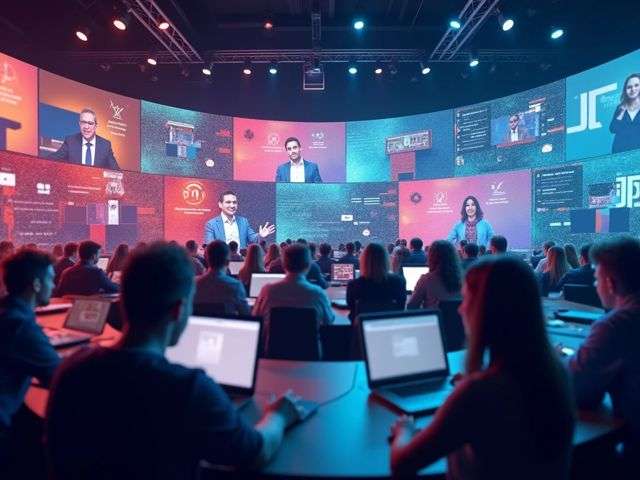 A panoramic view of a vibrant virtual event, with smiling attendees engaged in discussions over laptops, colorful digital backgrounds, and abstract cybersecurity icons subtly integrated into the scene.