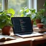 A panoramic view of a serene workspace with a laptop displaying code, books on writing, and a warm cup of coffee, surrounded by lush green plants and natural light filtering through the window