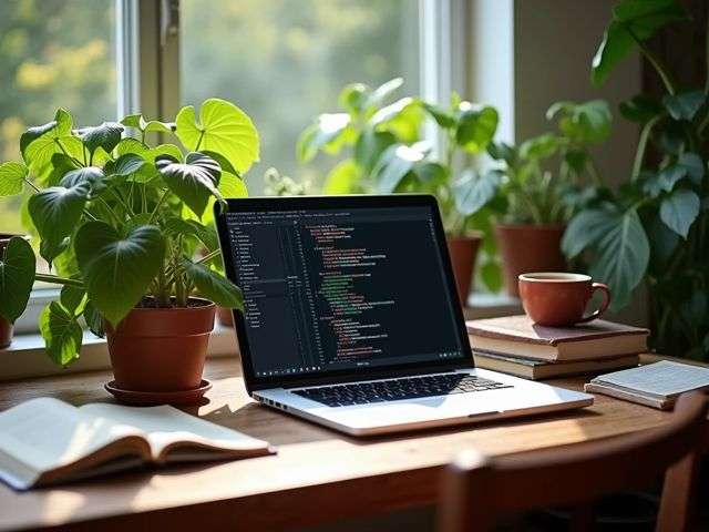 A panoramic view of a serene workspace with a laptop displaying code, books on writing, and a warm cup of coffee, surrounded by lush green plants and natural light filtering through the window