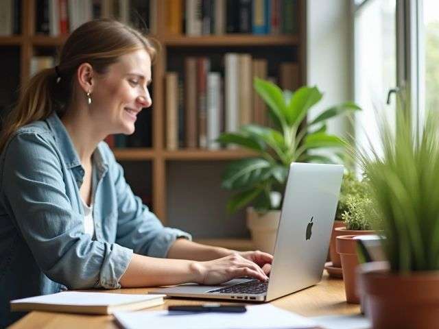 A side view of a cozy workspace with a laptop open on a desk, surrounded by books and plants, showcasing a bright and inviting atmosphere, with a smiling content writer in the background focused on their work.