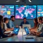 A vibrant office scene with a diverse group of professionals collaborating around a table with laptops, colorful charts, and cybersecurity graphics on screens, showcasing a positive atmosphere and teamwork