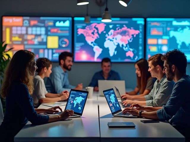 A vibrant office scene with a diverse group of professionals collaborating around a table with laptops, colorful charts, and cybersecurity graphics on screens, showcasing a positive atmosphere and teamwork