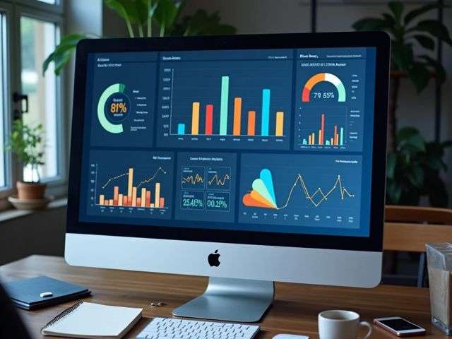 A close-up view of a computer screen displaying cybersecurity analytics, with colorful graphs and charts, surrounded by office tools like a notebook and a coffee cup, creating a positive and productive atmosphere