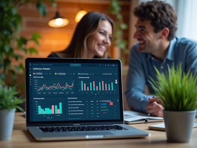 A close-up view of a laptop screen displaying cybersecurity analytics, with colorful graphs and charts, surrounded by a cozy workspace filled with plants and soft lighting. A person is smiling in the background, engaged in a discussion with a colleague, creating a positive atmosphere.