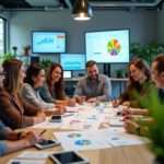 Worm's-eye view of a modern office space filled with colorful charts and digital screens, showcasing a collaborative team brainstorming around a table, all smiling and engaged, with plants in the background.