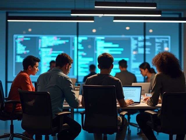 A group of diverse individuals working collaboratively at a modern workspace, with laptops and digital screens displaying abstract code, viewed from the rear, radiating a sense of creativity and innovation.