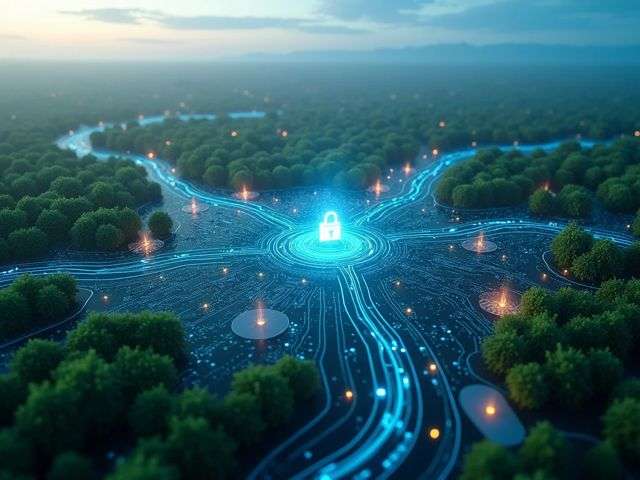 Aerial view of a secure digital landscape with interconnected nodes and glowing circuitry, symbolizing modern cybersecurity, surrounded by vibrant green spaces and blue skies