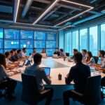 A panoramic view of a modern office space with people collaborating around a large table, surrounded by screens displaying code and graphs, bright and inviting atmosphere