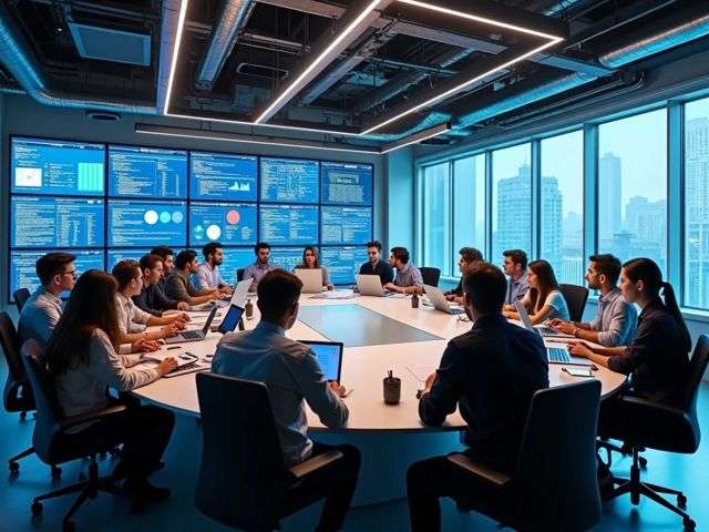 A panoramic view of a modern office space with people collaborating around a large table, surrounded by screens displaying code and graphs, bright and inviting atmosphere