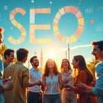 A vibrant digital landscape with abstract SEO elements like graphs and charts, illuminated by a bright sky, with a group of diverse people smiling and collaborating in the foreground, viewed from a worm's-eye perspective