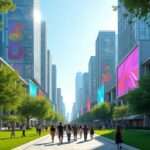 A vibrant cityscape with futuristic buildings, colorful digital screens displaying abstract patterns, and a lush green park in the foreground. People are walking through the park, smiling and enjoying the sunny day, with a worm's-eye view perspective emphasizing the height of the buildings.