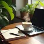 A cozy workspace with a laptop, notes, and a steaming cup of coffee, surrounded by green plants, creating a warm and inviting atmosphere