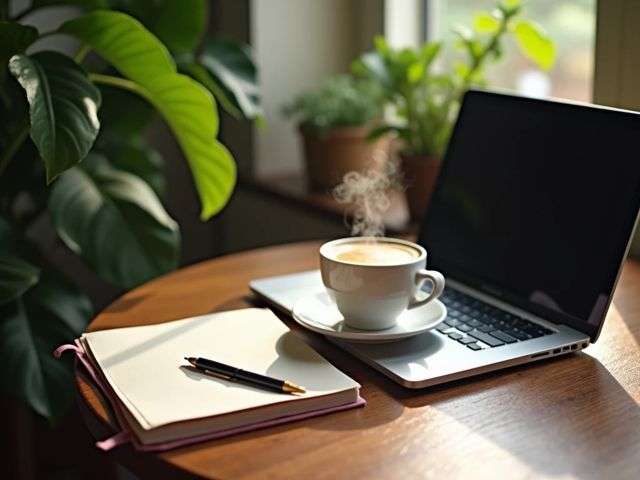 A cozy workspace with a laptop, notes, and a steaming cup of coffee, surrounded by green plants, creating a warm and inviting atmosphere