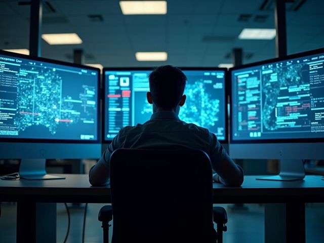 Rear view of a person sitting at a desk, monitoring multiple glowing digital screens displaying abstract security data, in a modern and futuristic office setting, with a calm and focused atmosphere