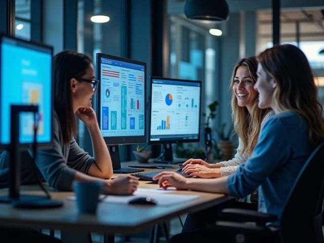 Modern tech office with computers displaying SaaS tools, team collaborating and smiling, surrounded by digital graphs and charts, three-quarter view