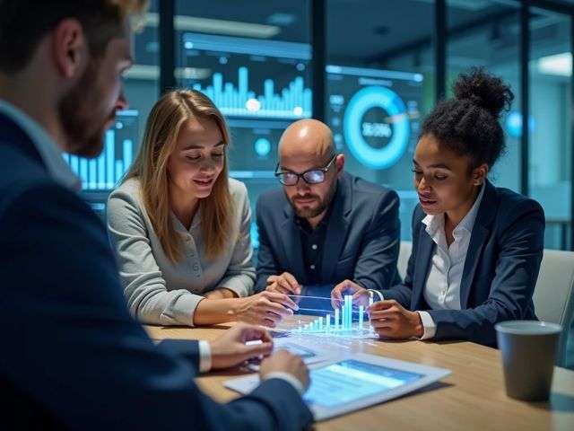 A group of diverse professionals collaborating around a digital interface, with charts and graphs displayed, in a modern office setting