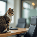 A cat sitting on a desk in a modern office