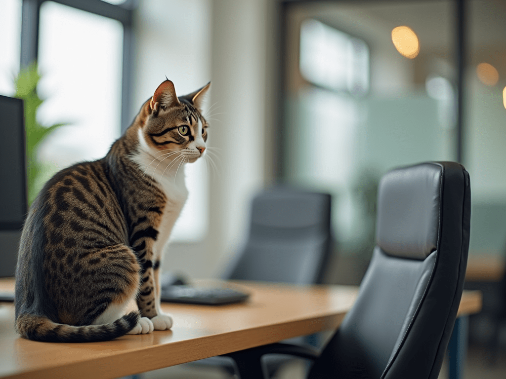 A cat sitting on a desk in a modern office