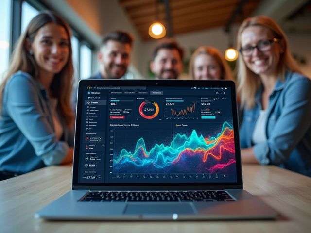 Point-of-view shot of a laptop displaying vibrant data visuals in a modern software workspace, a smiling marketing team in the background not looking at the camera, bright and positive vibe